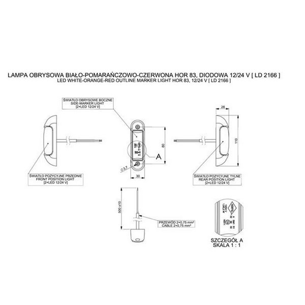 Luz LED de galibo LD 2166 3 funciones 12/24V blanco/ámbar/rojo homologado A SM1 R1 IP68