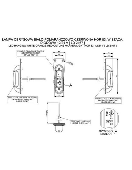 Feu de gabarit à LED LD 2167 3 fonctions 12/24 V blanc/ambre/rouge avec support de suspension A SM1 R1 IP68