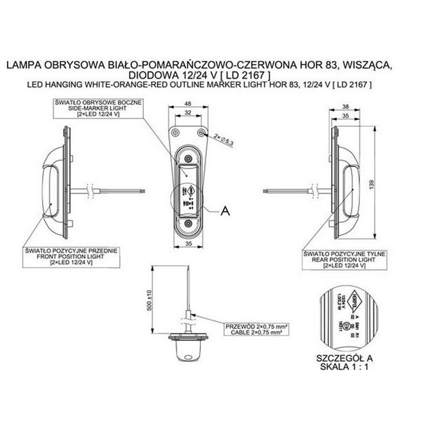 Feu de gabarit à LED LD 2167 3 fonctions 12/24 V blanc/ambre/rouge avec support de suspension A SM1 R1 IP68