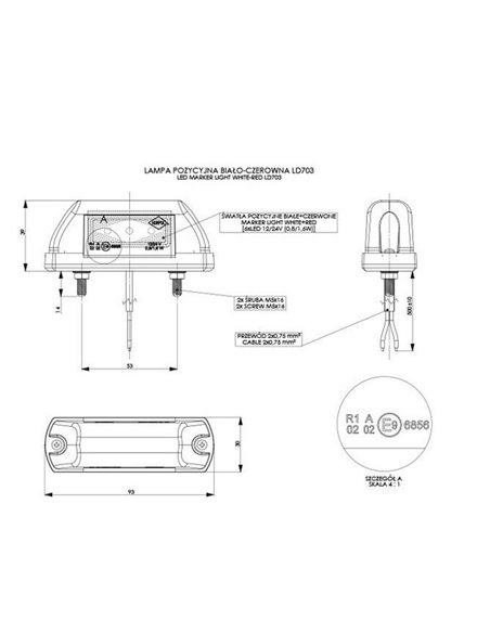 Piloto LED de galibo LD 703 12/24V 2 funciones, luz blanca/roja A R1 IP68