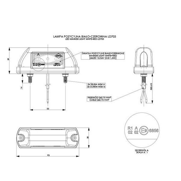 Piloto LED de galibo LD 703 12/24V 2 funciones, luz blanca/roja A R1 IP68