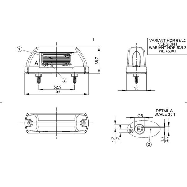 Piloto LED de galibo LD 744 delantero 12/24V homologado A IP68