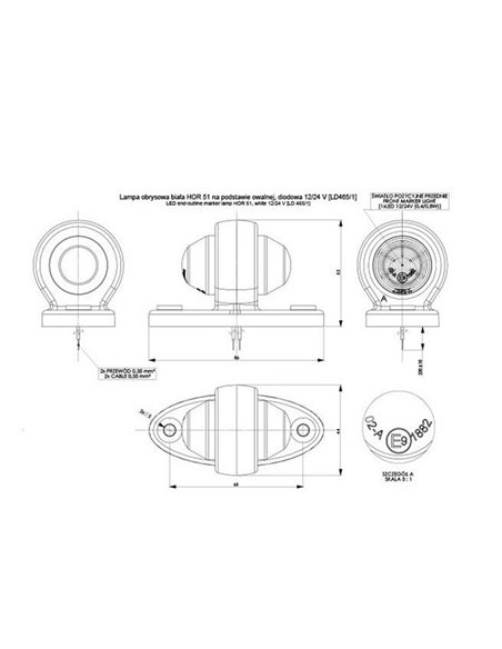 Indicador frontal LD 465/1 LED 12/24V com base oval, homologado para IP68.