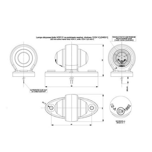 Piloto de galibo delantero LD 465/1 LED 12/24V base ovalada, homologado A IP68
