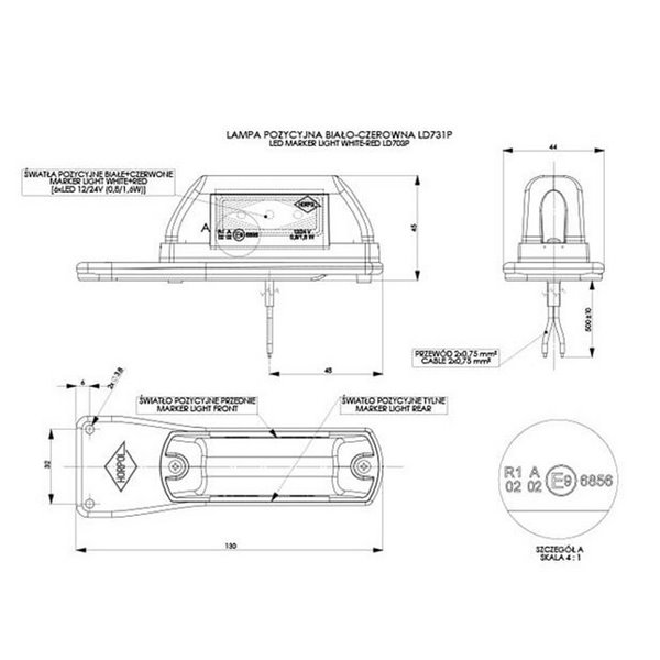 Luz de sinalização LED LD 731 L e P, 2 funções, traseira/dianteira 12/24V R1 e A