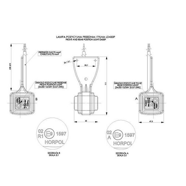 Feu de position à DEL à 2 fonctions, LD 430 L et P, arrière/avant 12/24 V R1 et A