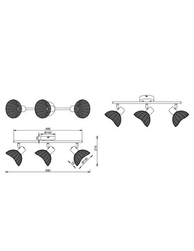 Regleta de techo de 3 focos rattan CALVI bombillas excl. 3x E14 max. 10W IP20 Blanco
