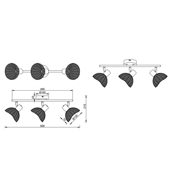 Regleta de techo de 3 focos rattan CALVI bombillas excl. 3x E14 max. 10W IP20 Blanco