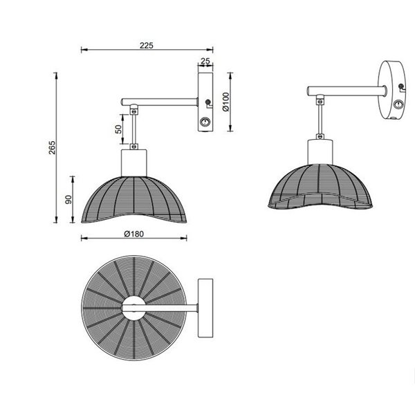 Aplique de pared CALVI rattan bombilla excl. 1x E14 max. 10W IP20 Negro
