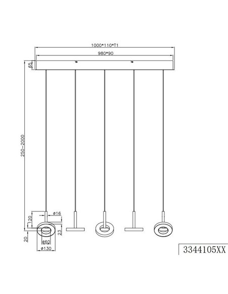 Lámpara de techo LED GUANO 5x8W 5x850lm regulable DIP SWITCH 2300+3000+4000K IP20 Níquel mate 