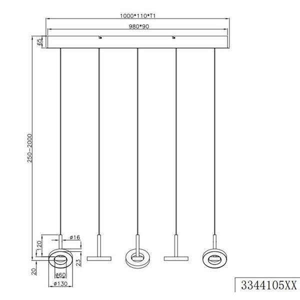 Lámpara de techo LED GUANO 5x8W 5x850lm regulable DIP SWITCH 2300+3000+4000K IP20 Níquel mate 