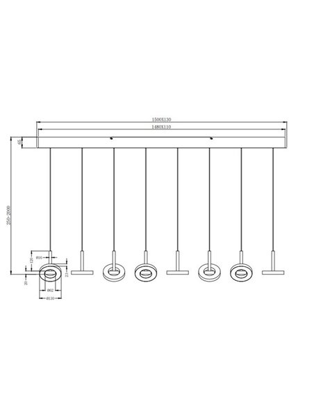 Lámpara LED colgante GUANO 8x8W 8x850lm regulable DIP SWITCH 2300+3000+4000K IP20 Níquel mate