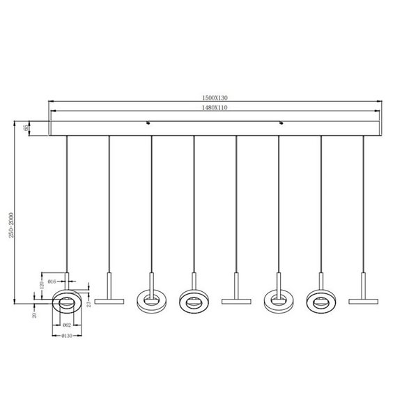 Luminária pendente LED GUANO 8x8W 8x850lm, dimerizável, com interruptor DIP, 2300+3000+4000K, IP20, níquel fosco.