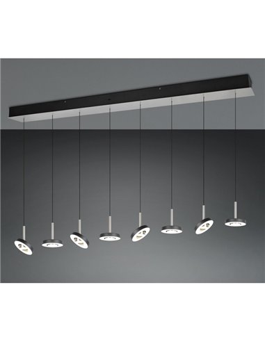 Suspension LED GUANO 8 x 8 W, 8 x 850 lm, dimmable par interrupteur DIP, 2300 + 3000 + 4000 K, IP20, nickel mat
