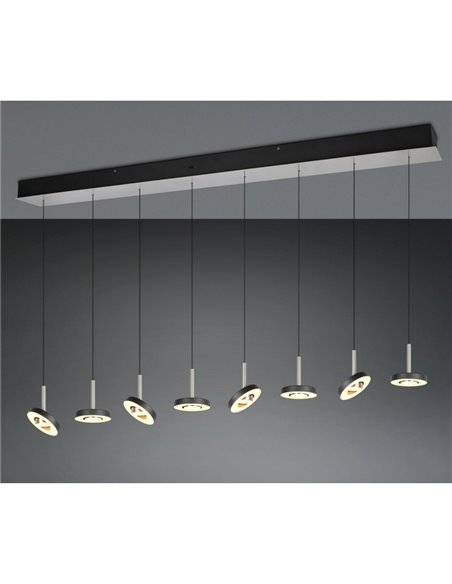 Suspension LED GUANO 8 x 8 W, 8 x 850 lm, dimmable par interrupteur DIP, 2300 + 3000 + 4000 K, IP20, nickel mat