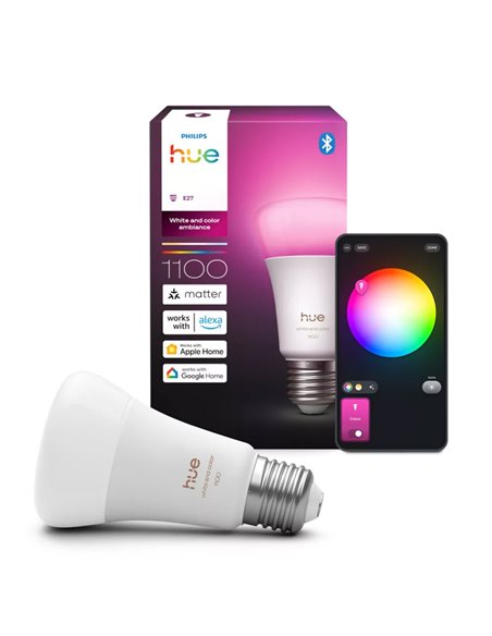 Bombilla LED inteligente Hue E27 A60 1100Lm, 8,1W equivalente 75W, regulable, White&Color Ambiance, control por voz