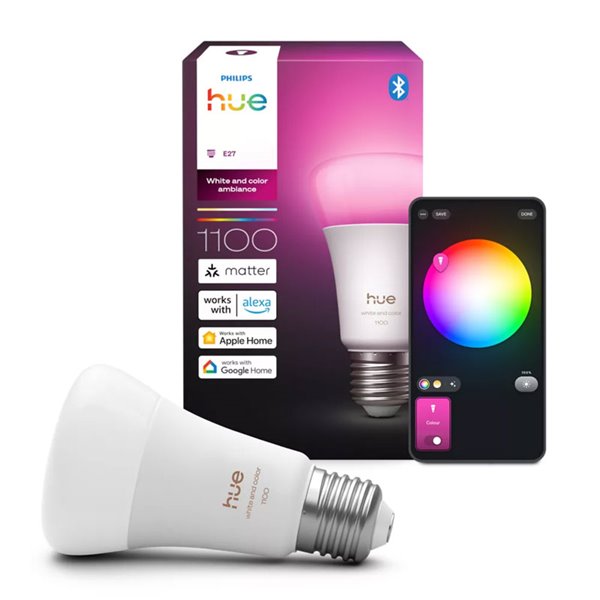 Ampoule LED intelligente Hue E27 A60 1100 lm, 8,1 W équivalent 75 W, dimmable, ambiance blanche et couleur, commande vocale