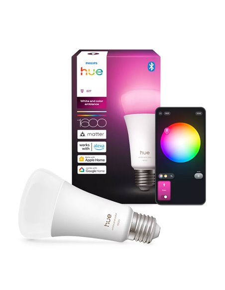 Lâmpada LED inteligente Hue E27 A67 1600 lúmens, 11,8 W (equivalente a 100 W), regulável, luz branca e colorida.