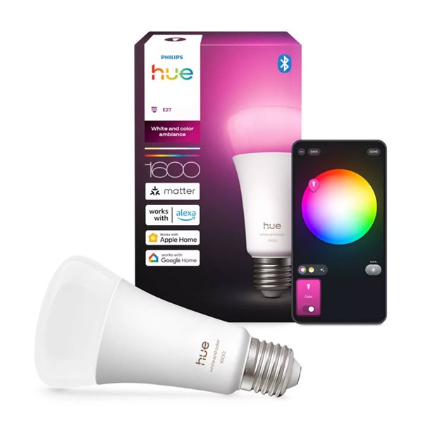 Lâmpada LED inteligente Hue E27 A67 1600 lúmens, 11,8 W (equivalente a 100 W), regulável, luz branca e colorida.