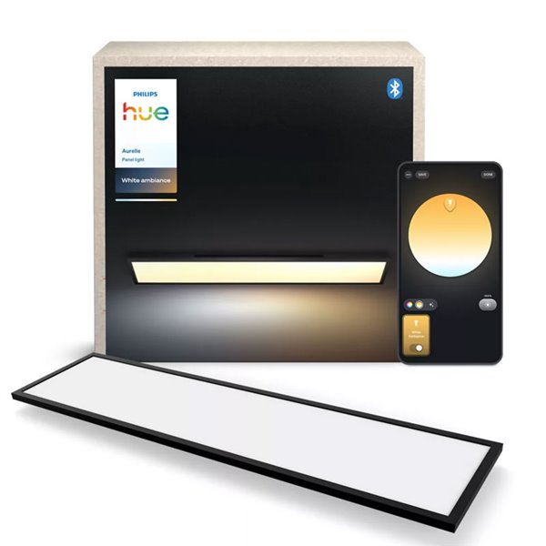 Plafonnier LED rectangulaire intelligent AURELLE Hue, noir, 30 x 120 cm, 3 750 lm, 2 200-6 500 ohms Hue White Ambiance