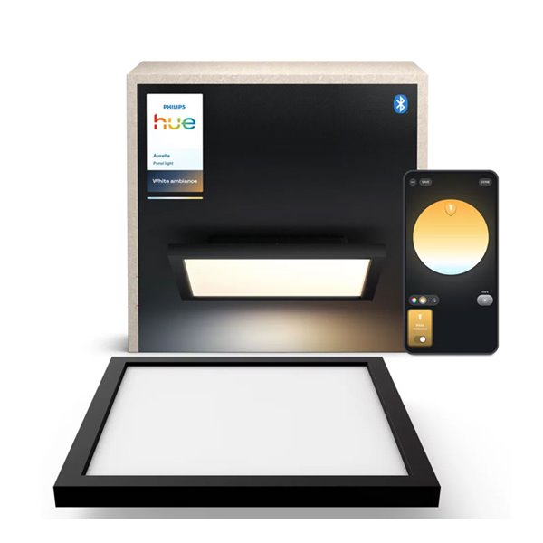 Painel LED quadrado inteligente AURELLE Hue S, preto, 30x30cm, 2750 lúmens, 39W, luz ambiente branca.