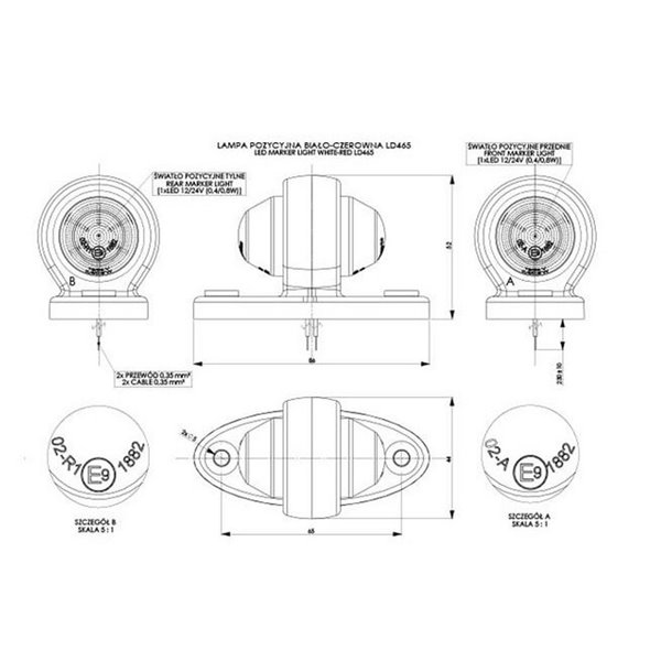 Piloto de galibo LD 465 2 funciones trasero/delantero LED 12/24V base ovalada R1 y A IP68