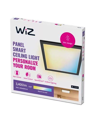 Painel LED quadrado inteligente WiZ, preto, 60x60cm, 36W, 3400lm, branco regulável 2700-6500K