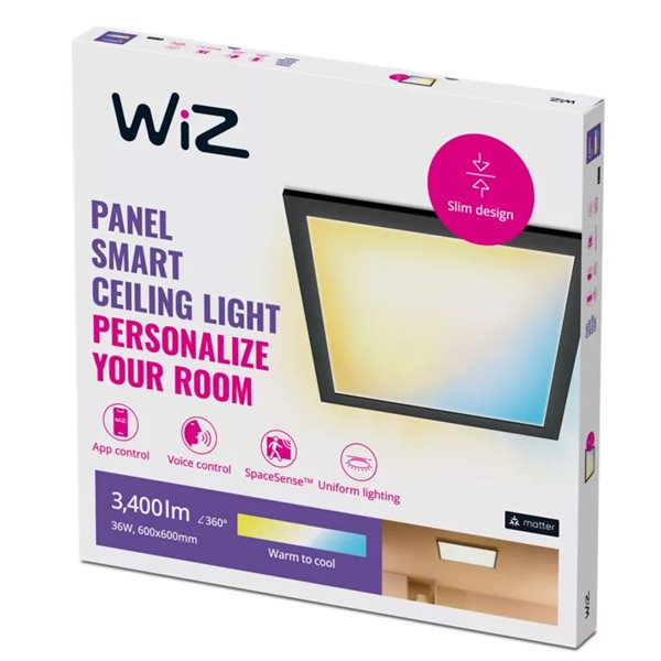 Panel LED cuadrado inteligente WiZ negro 60x60cm, 36W 3400Lm, blanco regulable 2700-6500K