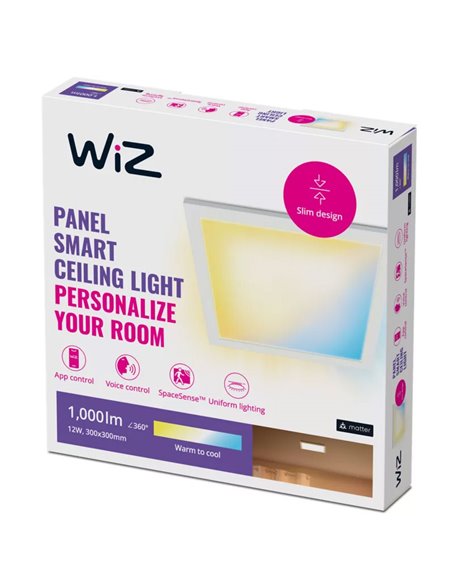 Panel LED cuadrado inteligente WiZ blanco 30x30cm, 12W 1000Lm, blanco regulable 2700-6500K