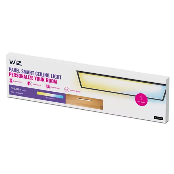 Plafón LED rectangular inteligente WiZ negro 30x120cm, 36W 3400Lm, blanco regulable 2700-6500K