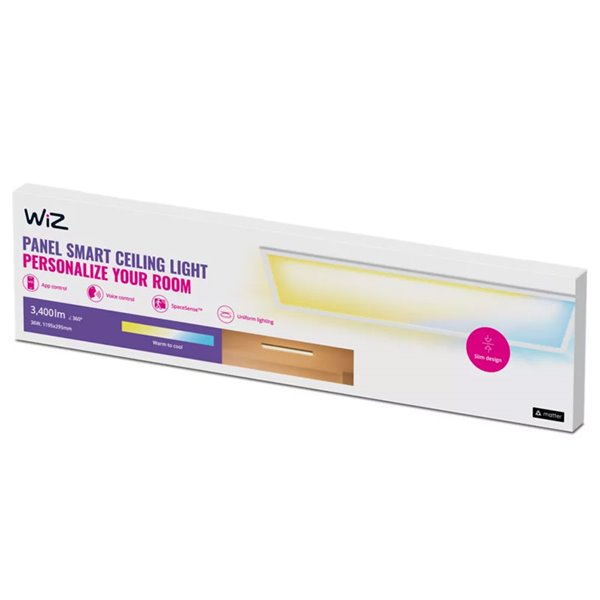 Plafón LED rectangular inteligente WiZ blanco 30x120cm, 36W 3400Lm, blanco regulable 2700-6500K