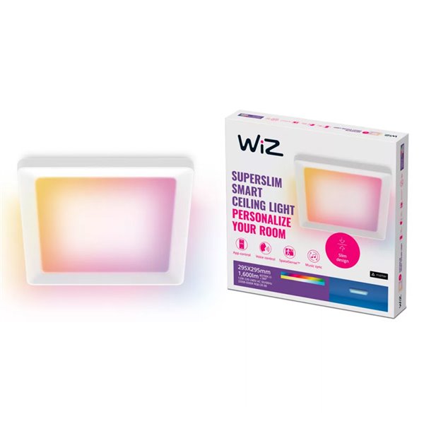 Plafón cuadrado LED inteligente WiZ 12W blanco, 30x30cm 1600Lm, regulable 2200-6500K RGB