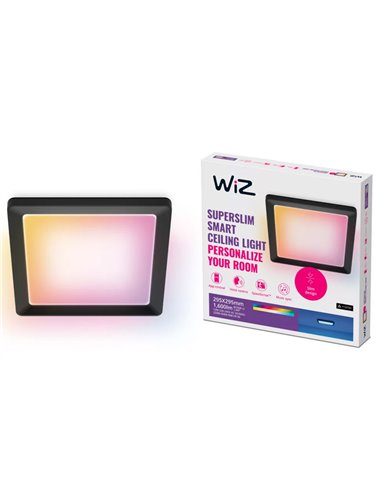 Plafón cuadrado LED inteligente WiZ 12W negro, 30x30cm 1600Lm, regulable 2200-6500K RGB
