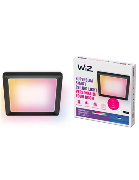 Plafón cuadrado LED inteligente WiZ 12W negro, 30x30cm 1600Lm, regulable 2200-6500K RGB