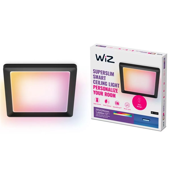 Plafonnier LED carré intelligent WiZ 12 W noir, 30 x 30 cm, 1600 lm, intensité variable 2200-6500 K RGB