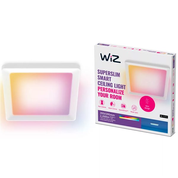 Plafonnier carré LED intelligent WiZ 17 W blanc, 40 x 40 cm, 2 200 lm, intensité variable 2 200-6 500 K RGB