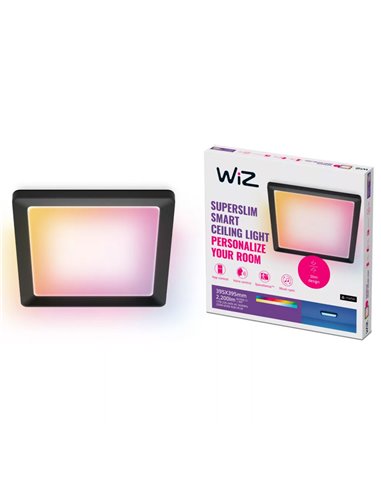 Luminária de teto quadrada inteligente WiZ LED 17W preta, 40x40cm 2200lm, dimerizável 2200-6500K RGB