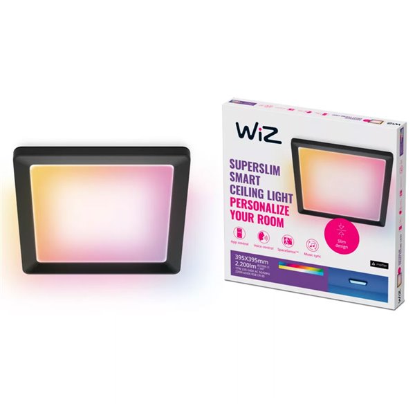 Plafón cuadrado LED inteligente WiZ 17W negro, 40x40cm 2200Lm, regulable 2200-6500K RGB
