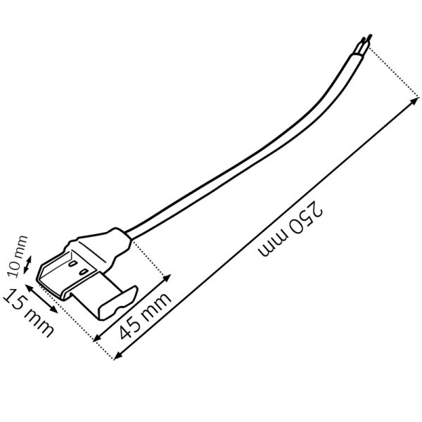 Medidas: Cabo adaptador transparente crimpável para fita de LED COB de 220V AC com plugue e fios desencapados.