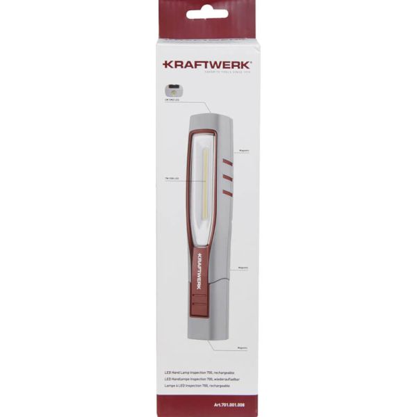 Lámpara de inspección LED recargable Inspection 700 – 700 Lm, 7 W, IP65 IK09, 180° plegable, con imán y ganchos