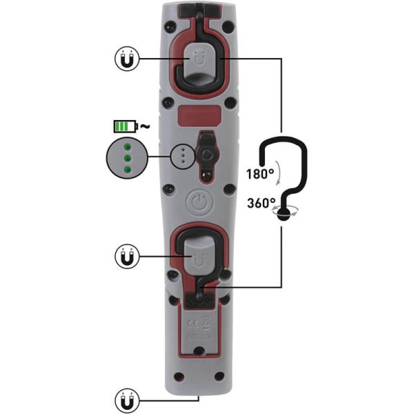 Lámpara de inspección LED recargable Inspection 700 – 700 Lm, 7 W, IP65 IK09, 180° plegable, con imán y ganchos