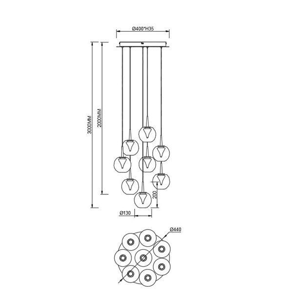 Lámpara LED con base redonda oro de 8 luces colgantes ANDRÓMEDA, bolas de cristal de colores, 40W 4000Lm, 3000K