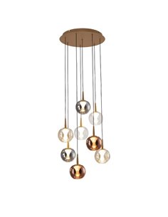 Lámpara LED con base redonda oro de 8 luces colgantes ANDRÓMEDA, bolas de cristal de colores, 40W 4000Lm, 3000K