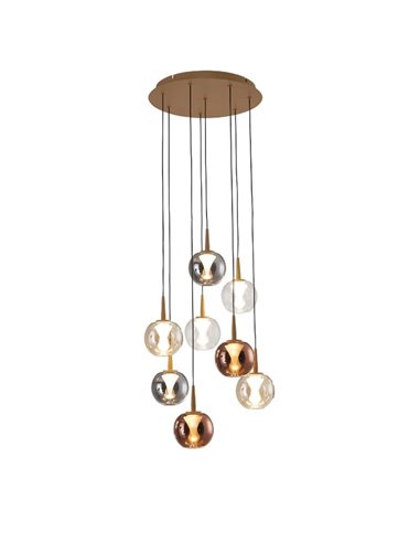 Lámpara LED con base redonda oro de 8 luces colgantes ANDRÓMEDA, bolas de cristal de colores, 40W 4000Lm, 3000K
