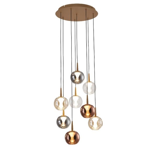 Lámpara LED con base redonda oro de 8 luces colgantes ANDRÓMEDA, bolas de cristal de colores, 40W 4000Lm, 3000K