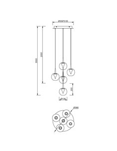 Lámpara LED con base redonda oro de 5 luces colgantes ANDRÓMEDA, bolas de cristal de colores, 25W, 2500Lm, 3000K 2