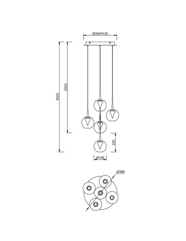 Lámpara LED con base redonda oro de 5 luces colgantes ANDRÓMEDA, bolas de cristal de colores, 25W, 2500Lm, 3000K