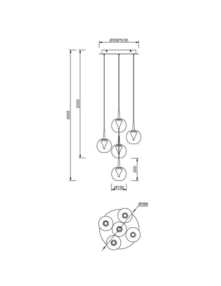 Lámpara LED con base redonda oro de 5 luces colgantes ANDRÓMEDA, bolas de cristal de colores, 25W, 2500Lm, 3000K