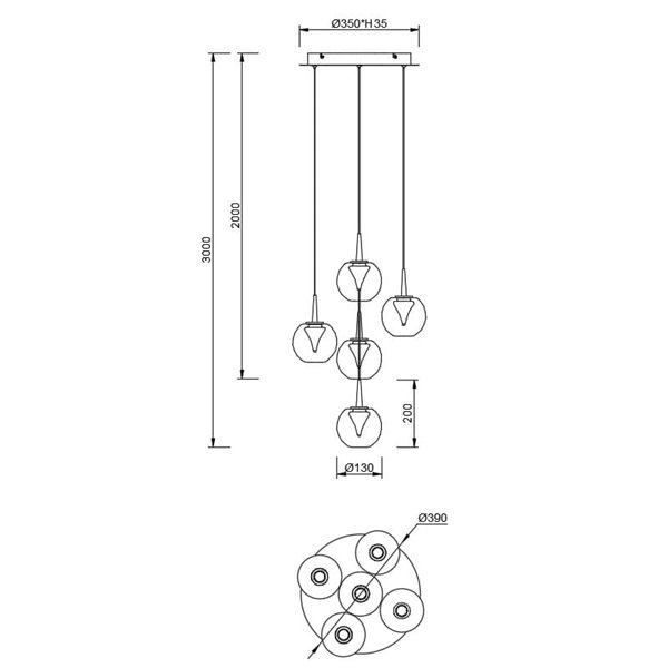 Lámpara LED con base redonda oro de 5 luces colgantes ANDRÓMEDA, bolas de cristal de colores, 25W, 2500Lm, 3000K