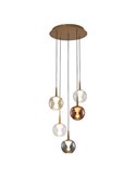 Lámpara LED con base redonda oro de 5 luces colgantes ANDRÓMEDA, bolas de cristal de colores, 25W, 2500Lm, 3000K